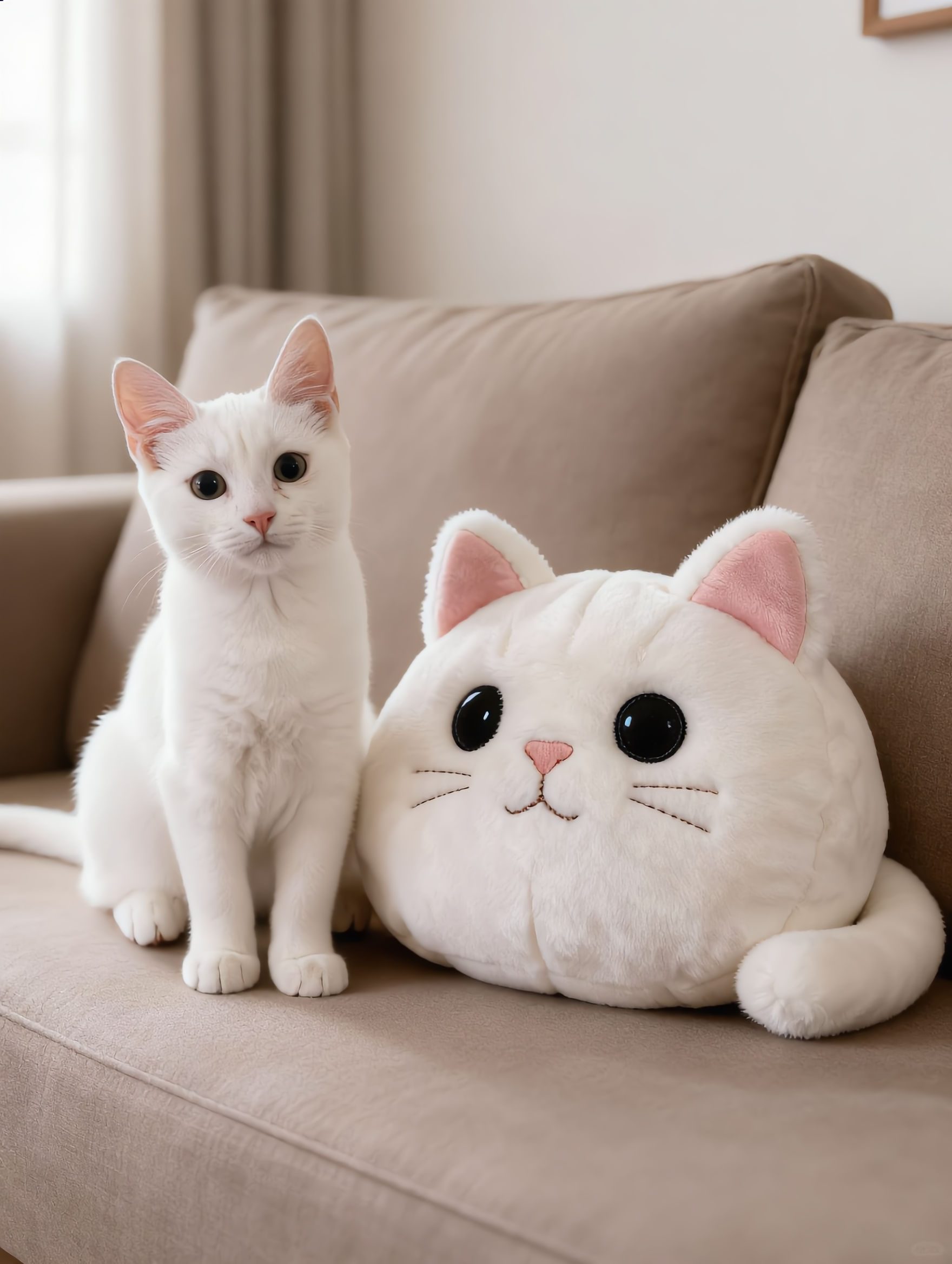 White cat sitting beside its matching custom plushie