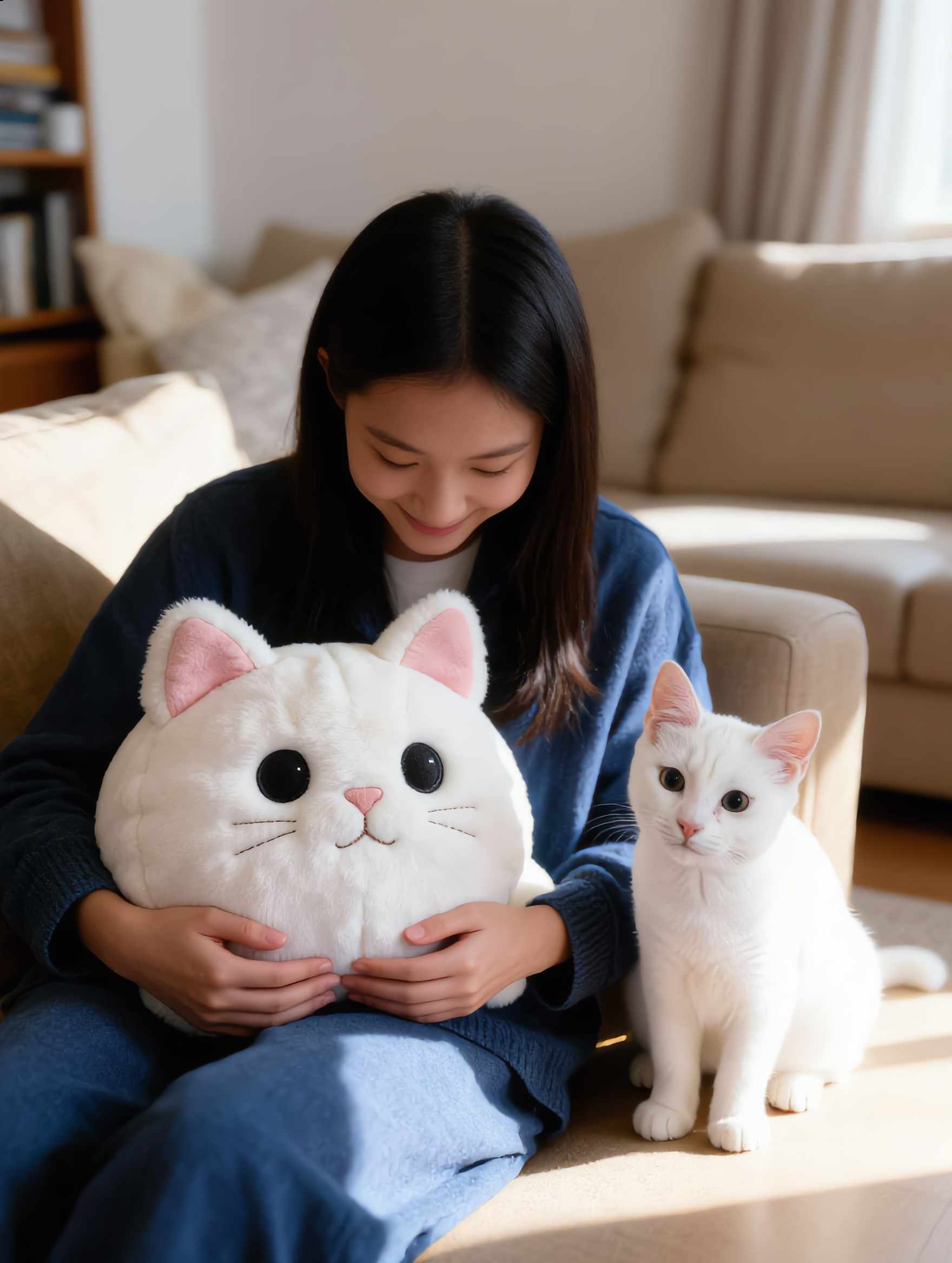 Person holding a custom white cat plushie with the matching cat nearby