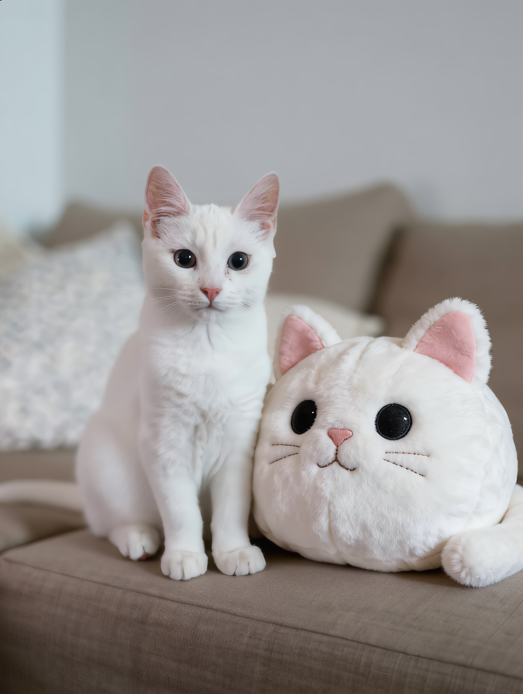 White cat beside its matching custom plushie on a couch