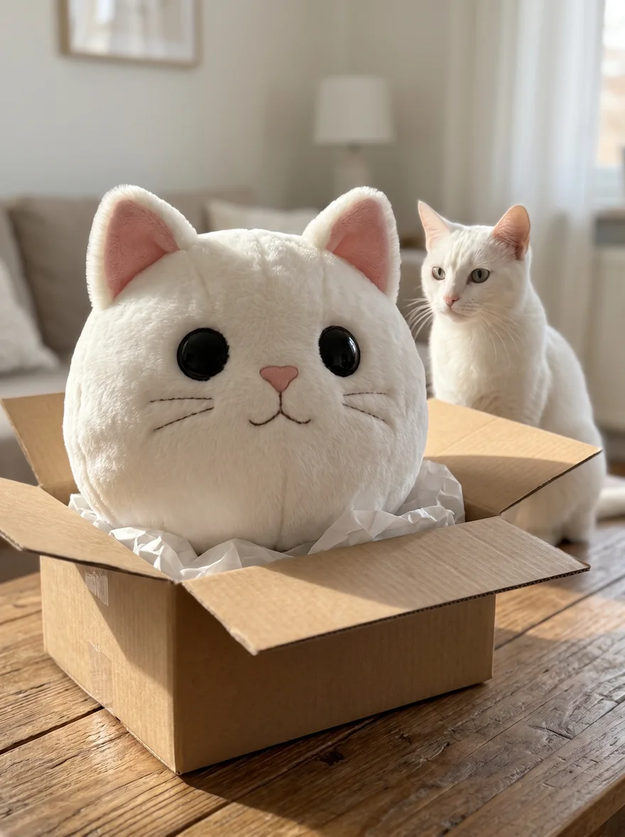 Large custom white cat plushie being unboxed while the matching cat watches behind