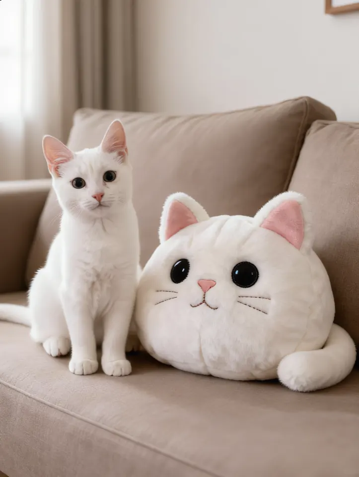 White cat sitting beside its matching custom plushie