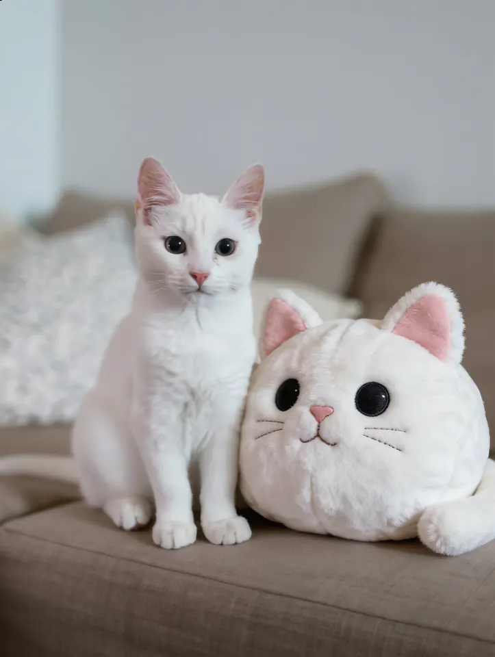 White cat beside its matching custom plushie on a couch