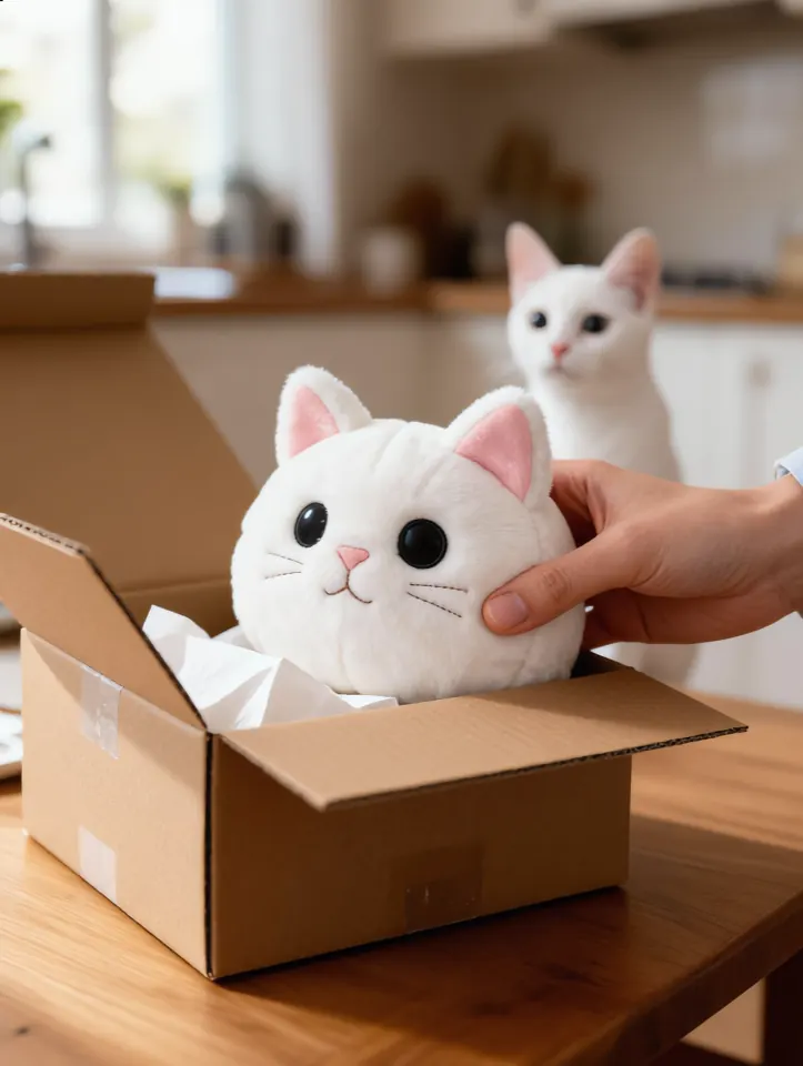 Large custom white cat plushie being unboxed while the matching cat watches behind